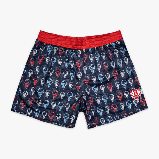 Red, white & blue Scoops Ice Cream shorts — front view