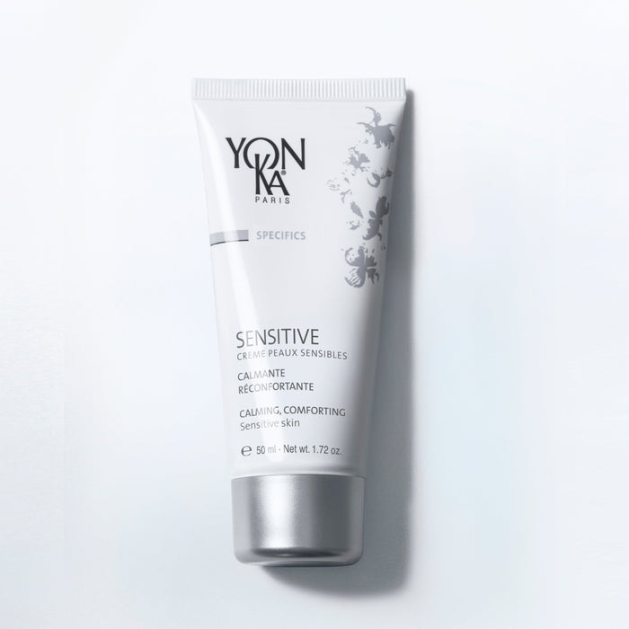 Yon-Ka Sensitive Creme jar with label noting Sensibiotic prebiotic/probiotic complex, maritime matricaria and bisabolol