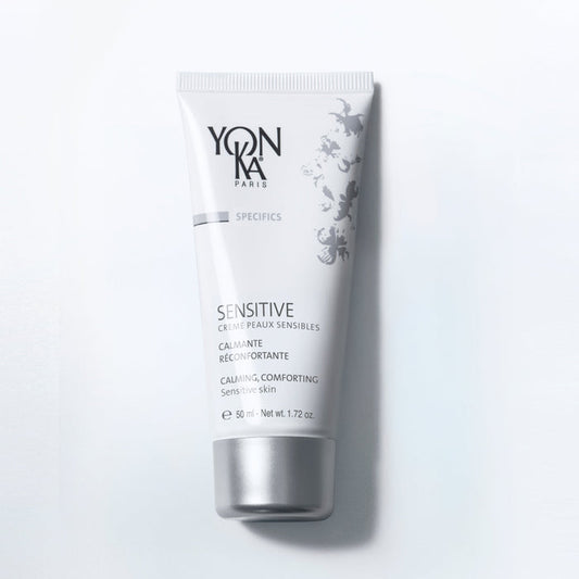 Yon-Ka Sensitive Creme jar with label noting Sensibiotic prebiotic/probiotic complex, maritime matricaria and bisabolol
