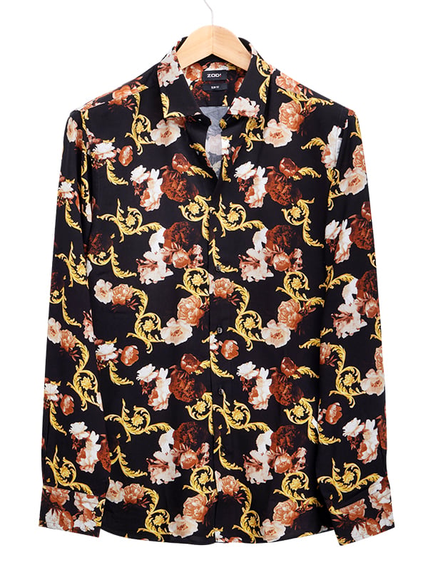 Silvano Black Printed Full Sleeve Single Cuff Slim Fit Party Wear Viscose Shirt