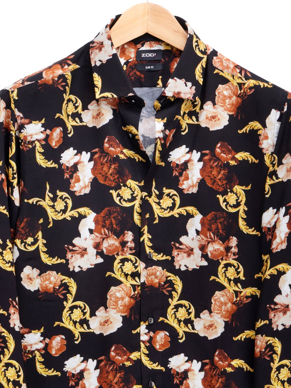 Silvano Black Printed Full Sleeve Single Cuff Slim Fit Party Wear Viscose Shirt