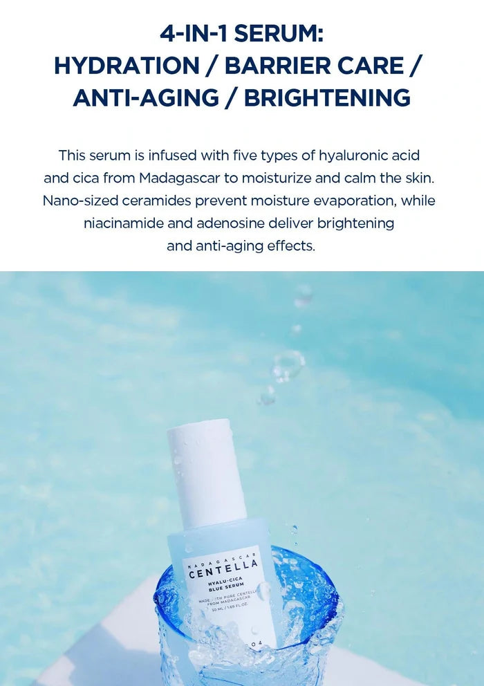 Serum bottle with text about its benefits on a blue gradient background