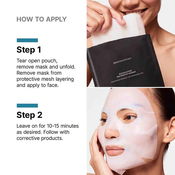 SkinCeuticals Biocellulose Restorative Mask instructions and woman applying sheet mask
