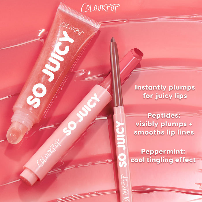 ColourPop So Juicy Plumping Gloss Balm with Peptides (So Balm) shown in a pink flatlay with a shimmery squeeze tube and matching liner over glossy swirls, promoting instant plump, peptide-smoothed lip lines, and a cool peppermint tingle.