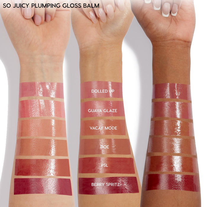 ColourPop So Juicy Plumping Gloss Balm with Peptides (So Balm) swatched in six glossy shades - Dolled Up, Guava Glaze, Vacay Mode, Doe, PSL, Berry Spritz - striped across three skin tones on forearms, highlighting high-shine plumping finish.