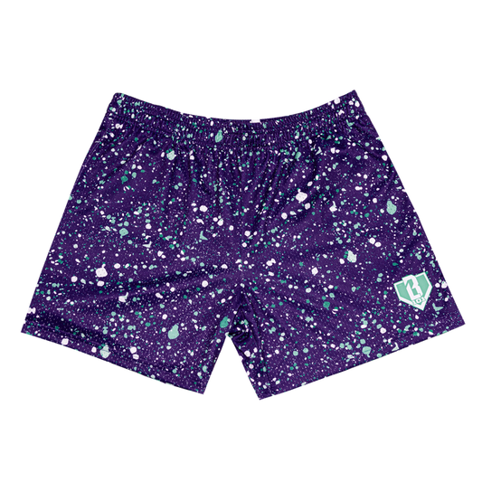 Purple Splatter youth shorts — front view