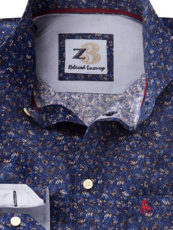 Steven Navy Printed Full sleeve single cuff   Cotton Shirt