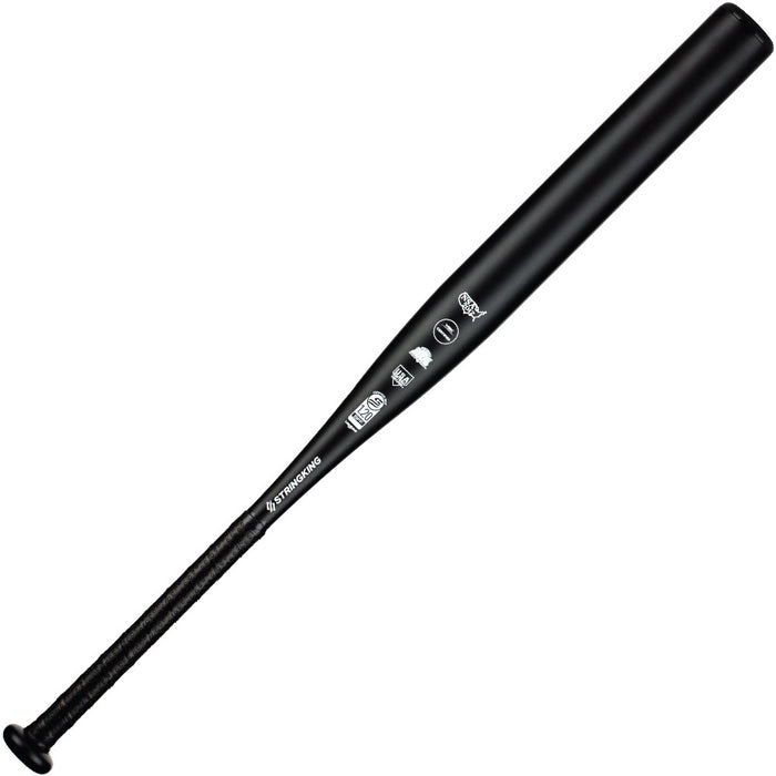 The StringKing Metal Pro (-10) Fastpitch Softball Bat (SKMTLPRFP10) is a black softball bat with a textured grip and white logos on its aluminum alloy barrel, shown against a white background.