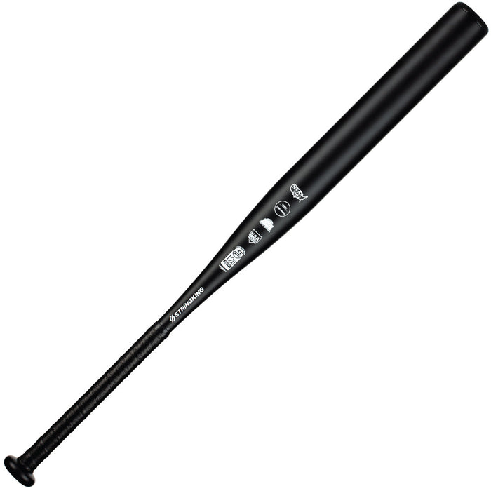 The StringKing Metal Pro (-11) Fastpitch Softball Bat (SKMTLPRFP11) is a black aluminum alloy bat with a textured grip, white StringKing logos and markings near the barrel, and a balanced swing weight, shown on a plain white background.