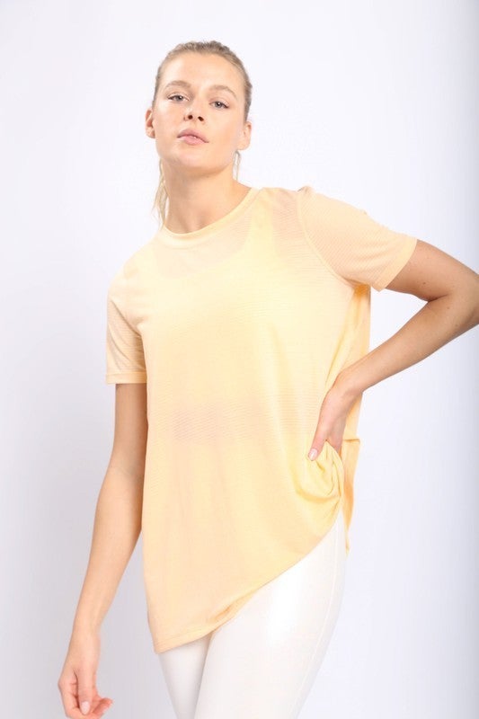 Striped Mesh Active Longline Shirt with Keyhole Back in Apricot