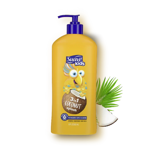 SUAVE Kids 3 in 1 coconut splash 0% parabens gentle cleanser shampoo, conditioner body wash منتج العناية بالاطفال ثلاثة في واحد شامبو و بلسم و غسول للجسم من سواف