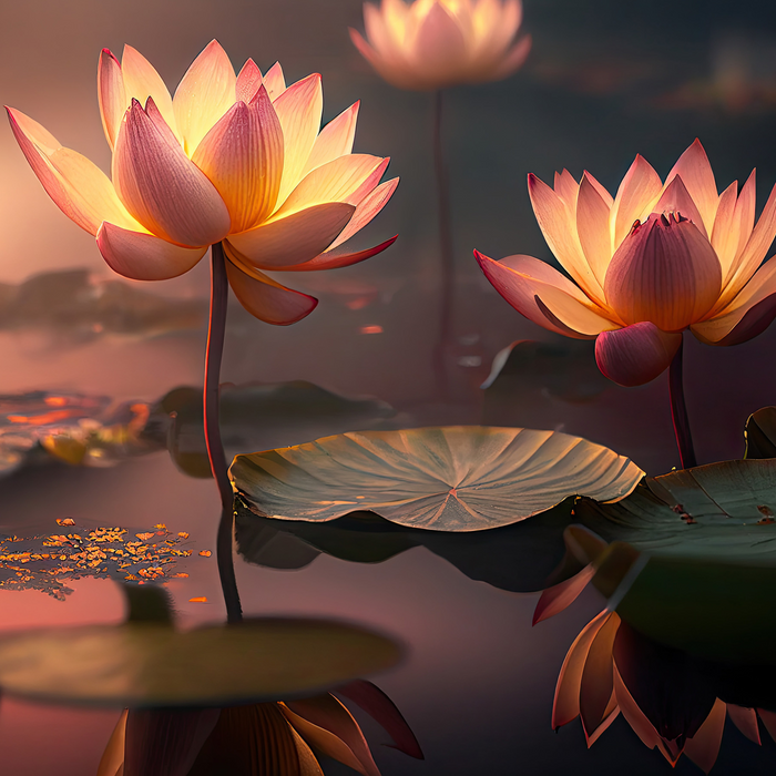 Glowing pink lotus flowers at sunset with golden light, serene water reflections, and large green lily pads in tranquil pond scene