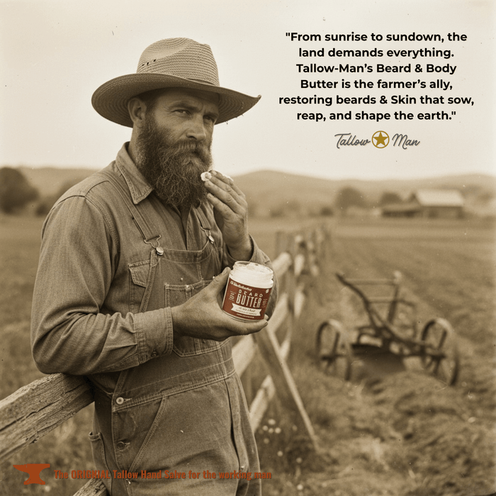 Tallow Man Deluxe Gift Set – Beard Butter Trio, Hand Salve & Leather Conditioner | Premium Men's Grooming farmer holding tallow beard butter jar