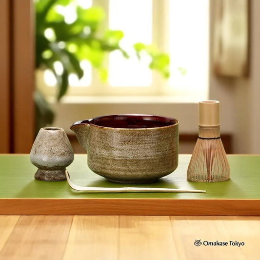 Tea Ceremony 4 Piece Matcha Set Bowl Whisk Stand Chashaku Scoop Chasen