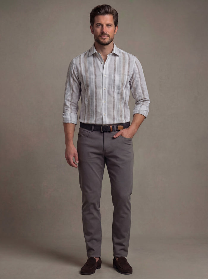 Tenerife Crepe Grey Striped Full Sleeve Tailored Fit Casual Cotton Shirt