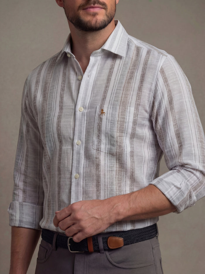 Tenerife Crepe Grey Striped Full Sleeve Tailored Fit Casual Cotton Shirt