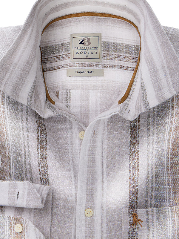 Tenerife Crepe Grey Striped Full Sleeve Tailored Fit Casual Cotton Shirt