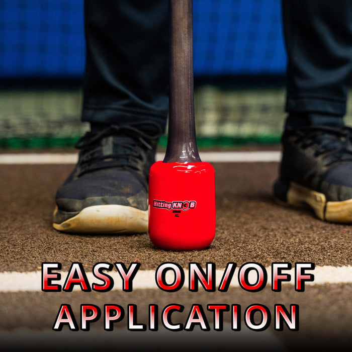 A person stands on a baseball field holding a bat with the red Hitting Knob Bat Weight by Hitting Knob. Text on the image reads, EASY ON/OFF APPLICATION.