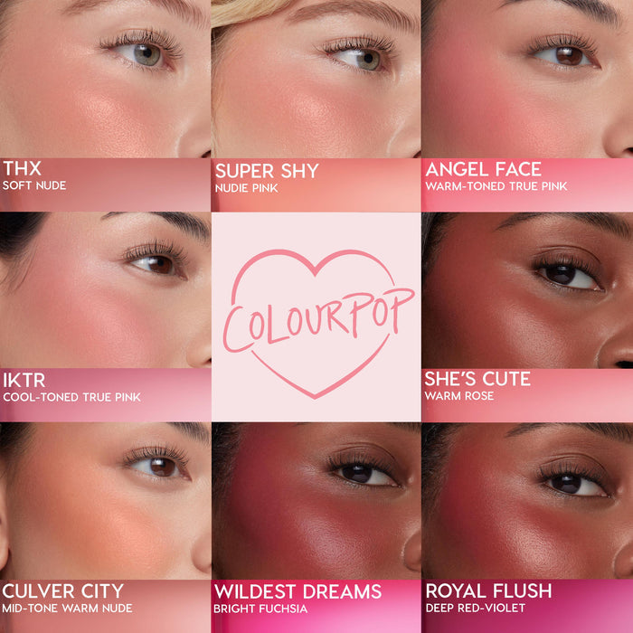 THX soft nude shade of ColourPop Liquid Blush buffed on the cheek, shown in a nine-panel grid comparing shades Super Shy, Angel Face, IKTR, She’s Cute, Culver City, Wildest Dreams, and Royal Flush on varied complexions.