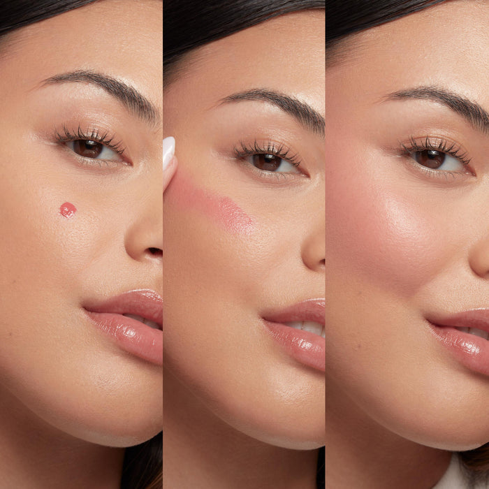 THX ColourPop Liquid Blush demonstrating three-step application on a model’s cheek - single pink dot, finger-blended sweep, and a dewy, seamless rosy finish along the cheekbone for buildable, natural color.