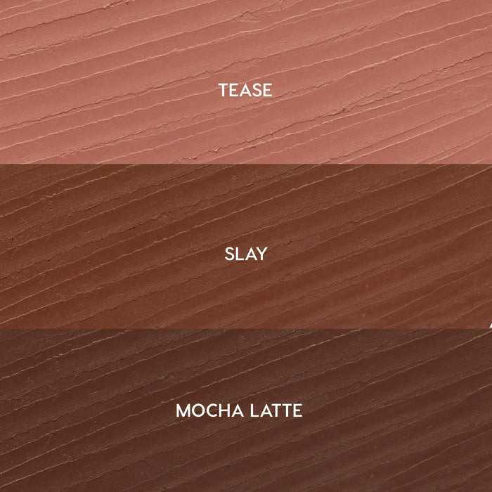 Three stacked lip liner swatches labeled Tease (soft pink nude), Slay (warm brown), and Mocha Latte (deep mocha) show a smooth, creamy texture, representing the ColourPop So Juicy Plumping Lip Liner Set, Total Slay.