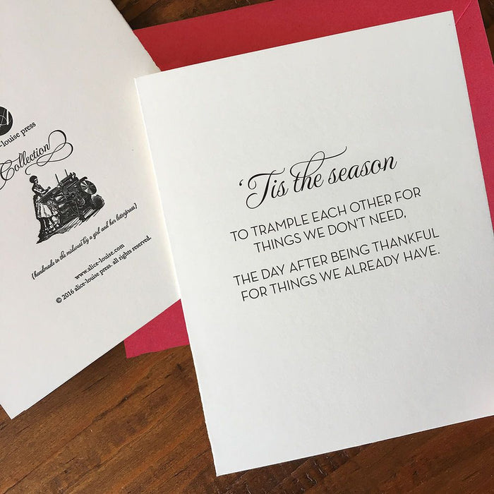 Christmas greeting card with 'Tis the season' and poem about trampling.