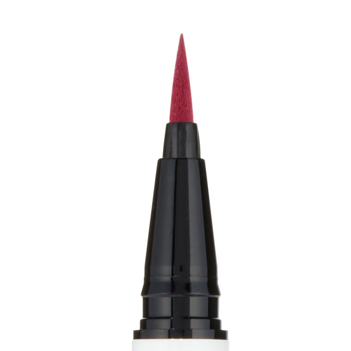 Felt-tip applicator poised to draw crisp lines, macro close-up of the Try Me shade (deep berry red) from the ColourPop BFF Liquid Liner, centered on a black-and-white pen barrel against a white background.
