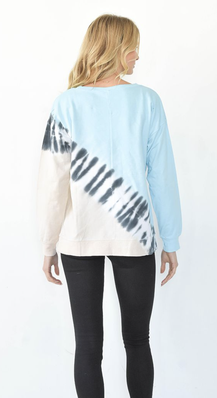 Turquoise and Taupe Crew Neck Long Sleeve Top