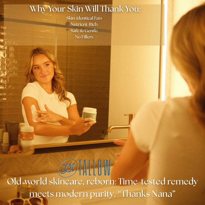 Original Tallow Body Butter – Unscented Grass-Fed Beef Tallow Moisturizer | Lady May woman applying in mirror