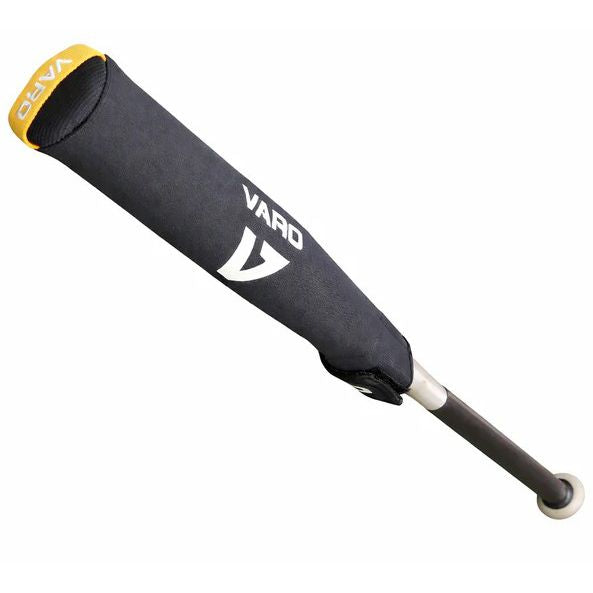 The Varo RAP Weighted Hittable Training Sleeve fits over a baseball bat barrel, providing added protection during training with the Varo brand name and logo visible on its black and yellow cover.