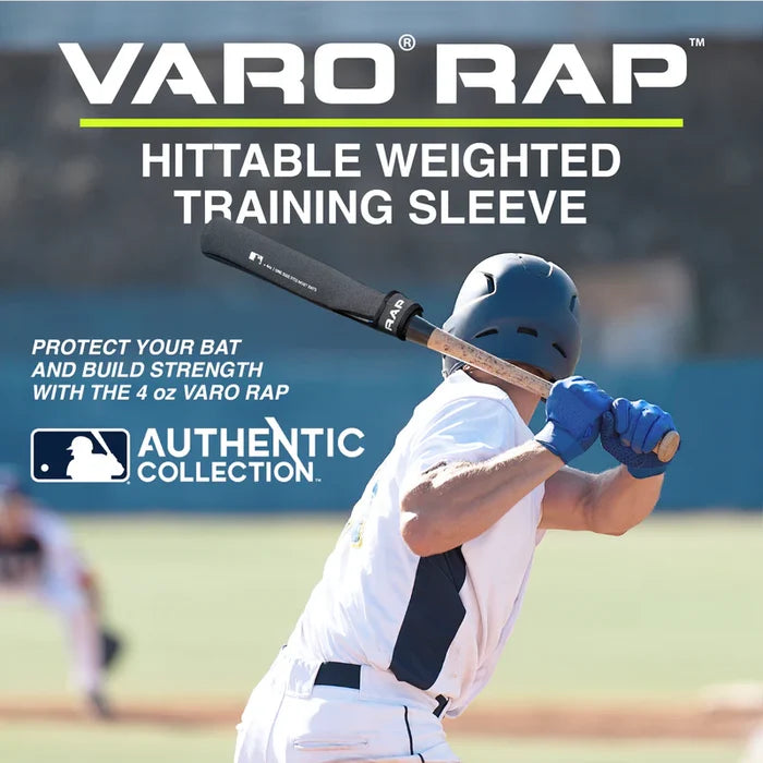 A baseball player swings a Varo RAP Weighted Hittable Training Sleeve. This Authentic Collection sleeve boosts swing speed and is designed to be hittable during training.