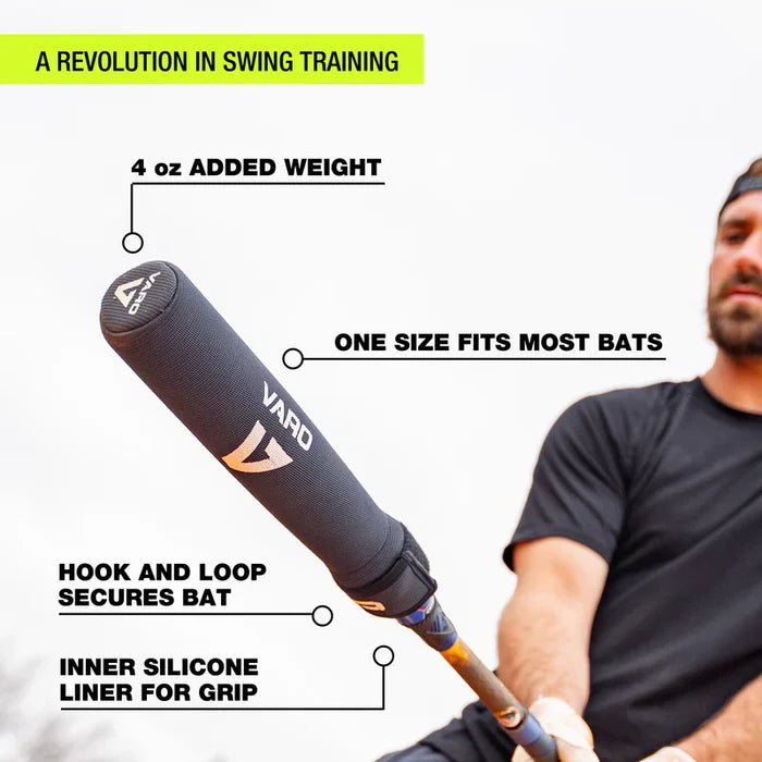 A man holds a Varo RAP Weighted Hittable Training Sleeve on a bat; labeled features show added weight for swing speed, universal fit, secure hook-and-loop closure, and an inner silicone liner for better grip.