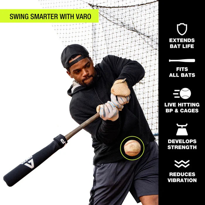 A baseball player swings a bat with the Varo RAP Weighted Hittable Training Sleeve, wearing gloves and a cap. The image highlights benefits: boosts swing speed, extends bat life, fits all bats, enables live hitting, builds strength, dampens vibration.
