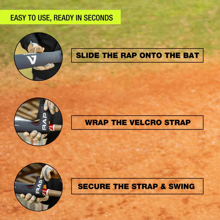 An instructional graphic shows how to attach the Varo RAP Weighted Hittable Training Sleeve: slide the RAP onto your bat, wrap and secure the Velcro strap for added protection. The background features a dirt baseball field.