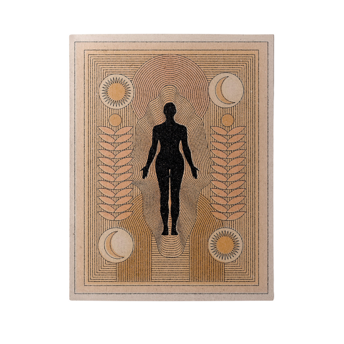 Rectangular framed print with black standing figure in gold sun-and-moon design
