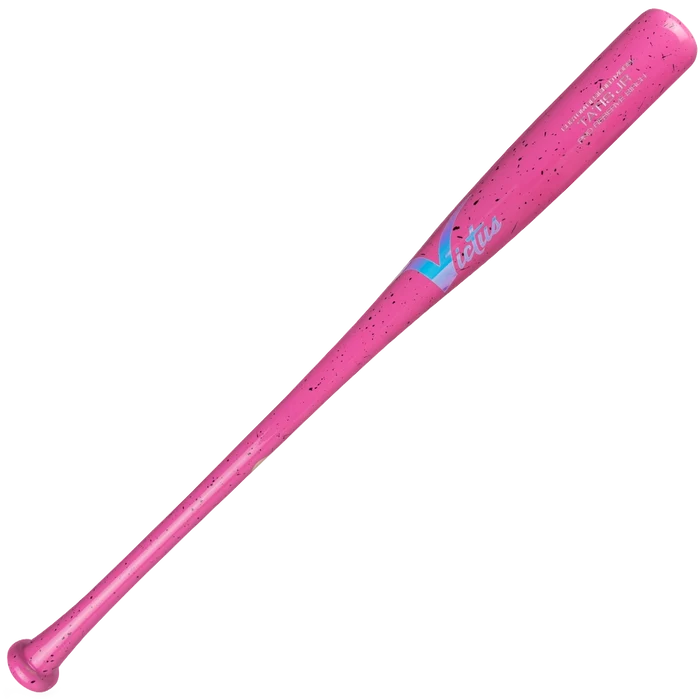The Victus TATIS JR Youth Pro Reserve Birch Bat (VYRWBTATISJR) is a pink bat with black speckles, blue and white Vibes text and logo near the barrel, offering a balanced feel that's ideal for young players.