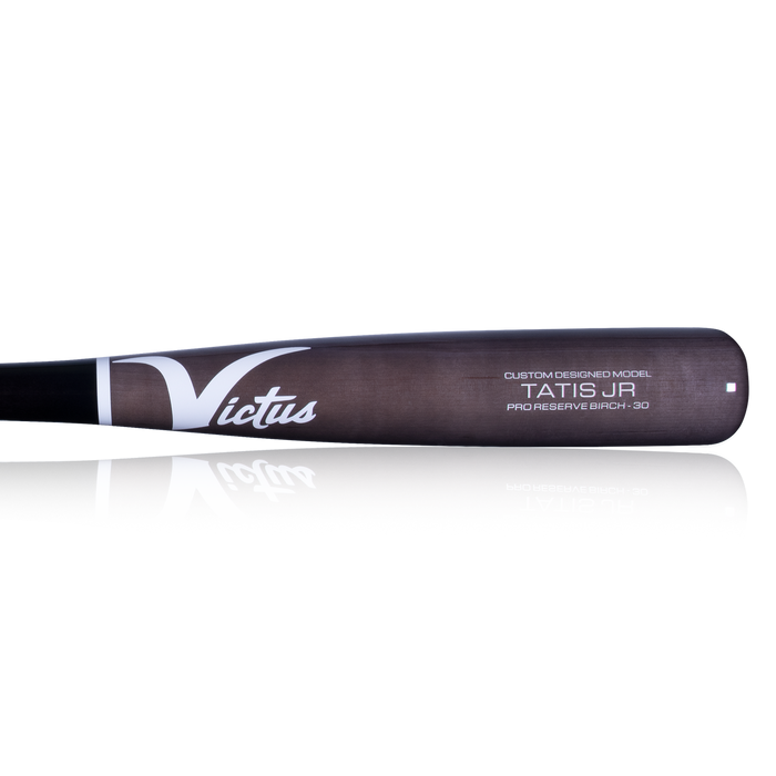 A close-up of the Victus TATIS JR Youth Pro Reserve Birch Wood Bat (VYRWBTATISJR) with balanced feel and custom model text on the barrel, shown against a plain white background.
