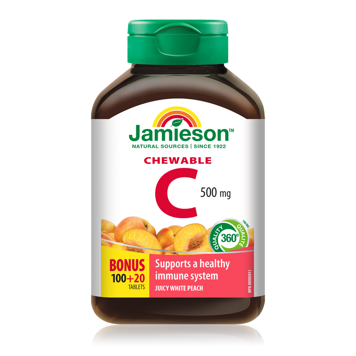 31000967 Jamieson Vitamin C Chewables 500 mg Tablet 31000967_J_LBL_C_Chewable_JuicyPeach_375cc_21003327_BTL_MAIN