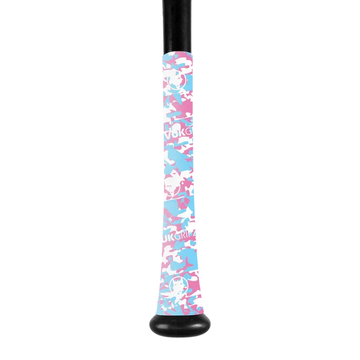 A VukGripz Bat Grip Tape by VukGripz is wrapped around a baseball bat handle, showcasing pink, blue, and white camouflage for optimal grip. The tape features the UKGRIP logo on a plain white background.