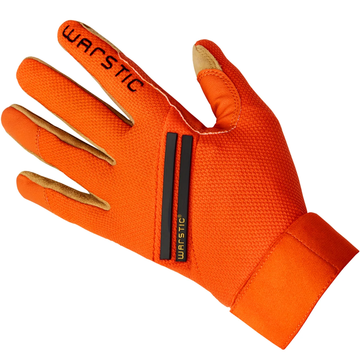 The Warstic Workman3 Adult Batting Glove (BG-W3) features an orange design with a black stripe and WARSTIC branding, shown palm down on a white background—ideal for hitters seeking high-performance gloves.