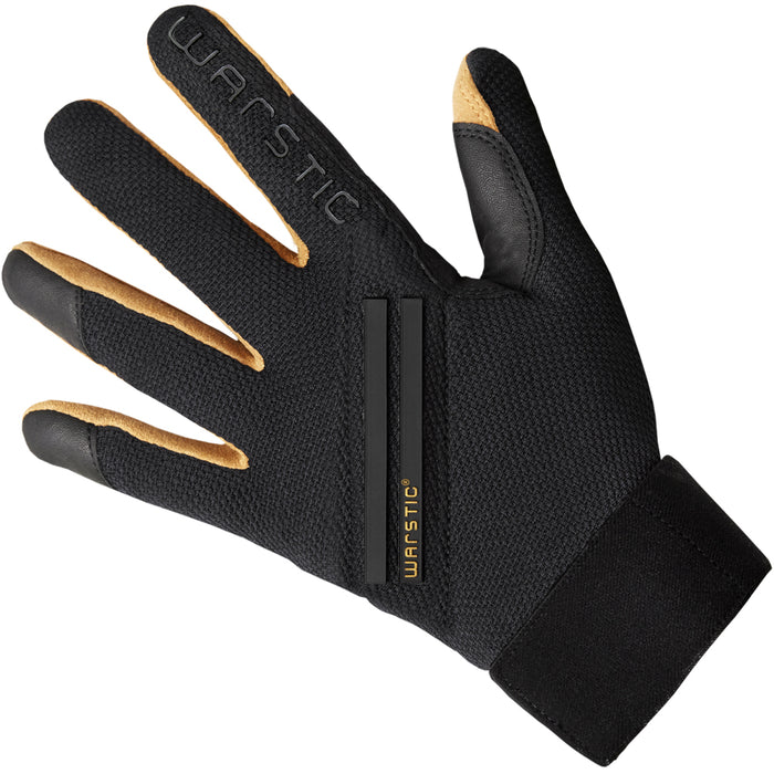 The Warstic Workman3 Adult Batting Gloves: BG-W3 features a black design with tan accents on the fingertips and thumb, brand name on the back, and a Velcro wrist strap for added support and high performance.