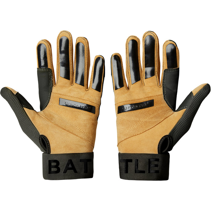 The Warstic Workman3 Adult Batting Gloves (BG-W3) feature tan and black design, reinforced palms, black glossy finger grip, added wrist support, and "BATTLE" on the wristbands—ideal high-performance gloves from Warstic for athletic use.
