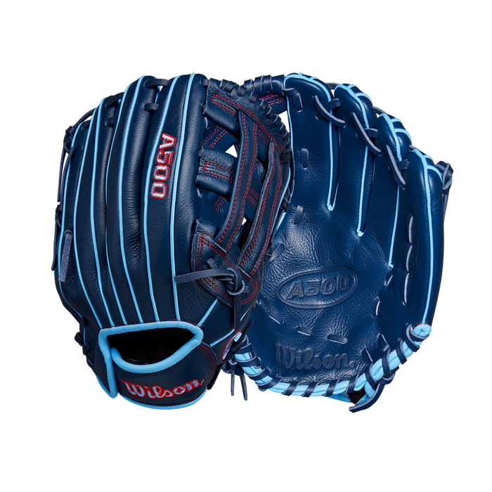 Two Wilson A500 12" Baseball Gloves (model WBW10254212) in navy blue with light blue laces and red stitching, shown front and back against a plain white background. Brand: Wilson.