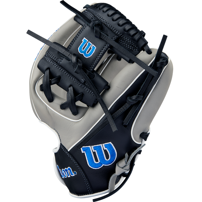 The Wilson A900 PF1125 11.25" Baseball Glove (WBW1025691125) features black, gray, and white leather with blue W logos and black lacing, displayed on a white background.