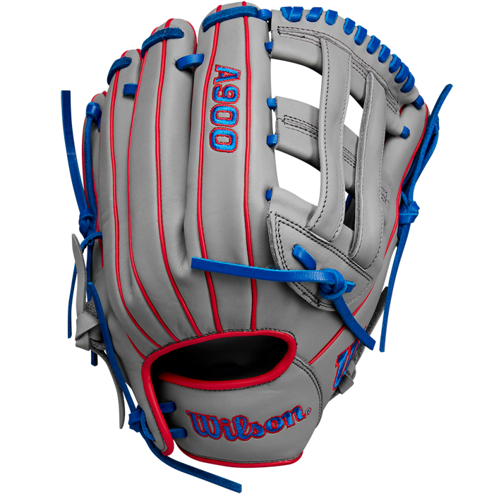 The Wilson A900 PF12 12" Baseball Glove (WBW10257112) features gray Full Grain Leather, red stitching, blue laces, an open web, and the Wilson logo embroidered in red and blue.