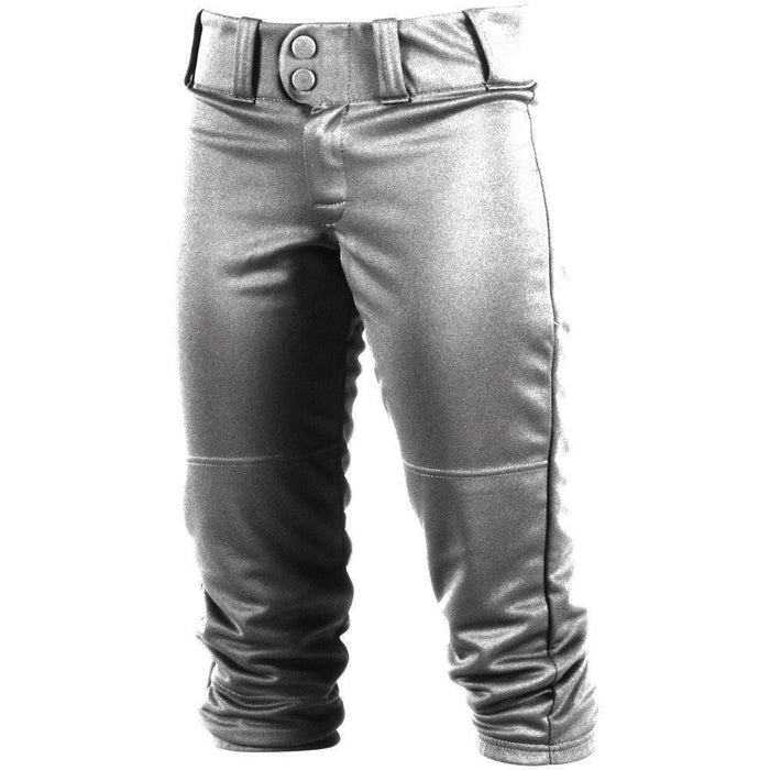 Worth Girl's FPEX Plush Fastpitch Softball Pants: WB150G by Worth feature a double-button waistband, belt loops, elastic bottoms, moisture management, and stain release technology. Displayed upright to showcase front details and seams.