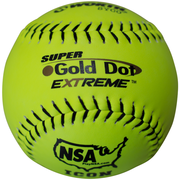 The Worth NSA Super Gold Dot Extreme ICON 12" 44/400 Composite Slowpitch Softball (NI12CY) features a bright yellow cover, black stitching, and NSA Super Gold Dot USA graphics—ideal for fans of composite slowpitch softballs.