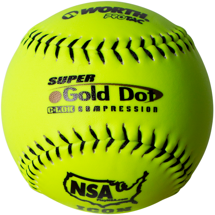 The Worth NSA Super Gold Dot ICON 12" 44/400 Synthetic Slowpitch Softball (NI12SY) is bright yellow with bold black stitching, boasts PRO TAC cover, features NSA Super Gold Dot text and logo with a US map.