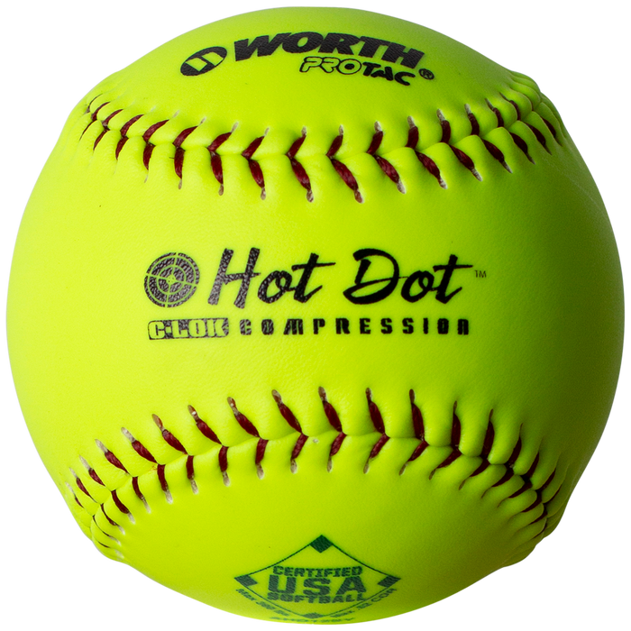The Worth USA Hot Dot 12" 52/300 Synthetic Slowpitch Softball (AHD12SY) is a bright yellow ball with red stitching and black text, approved for USA/ASA games, making it ideal for official slowpitch softball play.