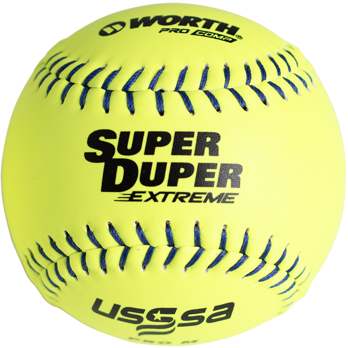 The Worth USSSA Super Duper Extreme Pro M 12" 44/375 Composite Slowpitch Softball (MLSDB12C) features a bright yellow cover, blue stitching, and black Worth branding—perfect for players seeking high-performance Worth USSSA softballs.